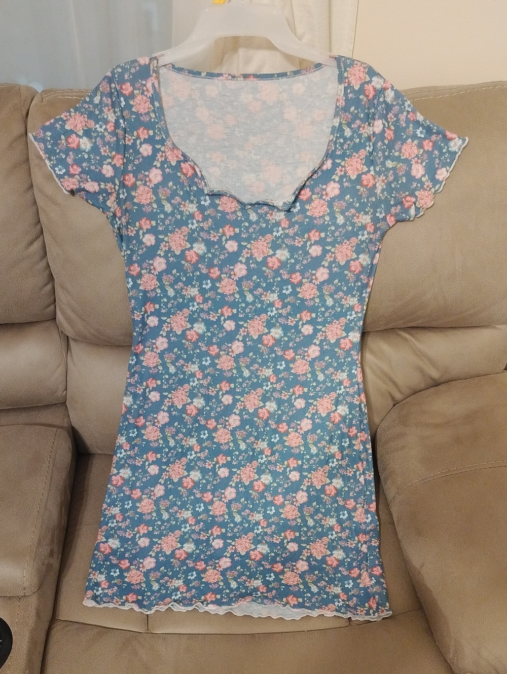 SHEIN Blue Floral Short Sleeve Mini Dress with Pink Roses